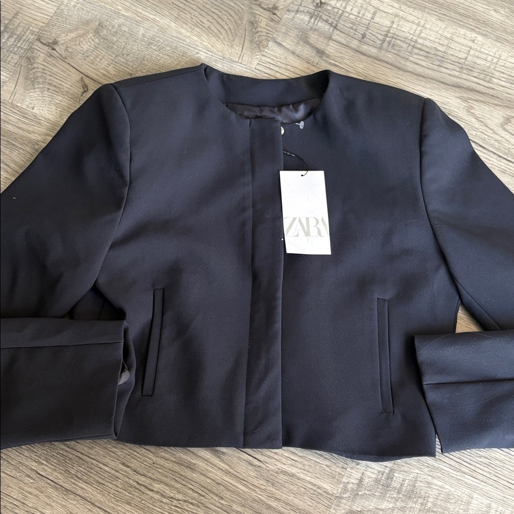 Zara hidden zipper Cropped Blazer Navy Size Small NWT - Picture 3 of 14